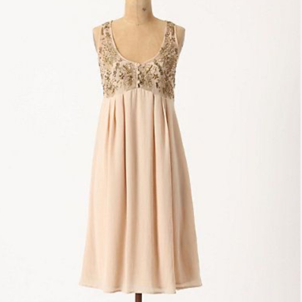 Anthropologie Lil Flickering Beige SILK BEADED FLOWY A-line DRESS NWT